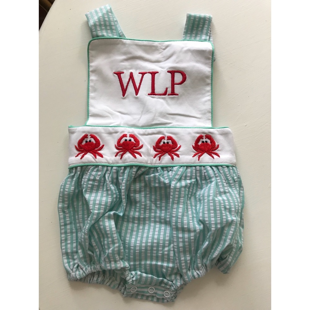 Monogrammed Crab Seersucker boys sunsuit